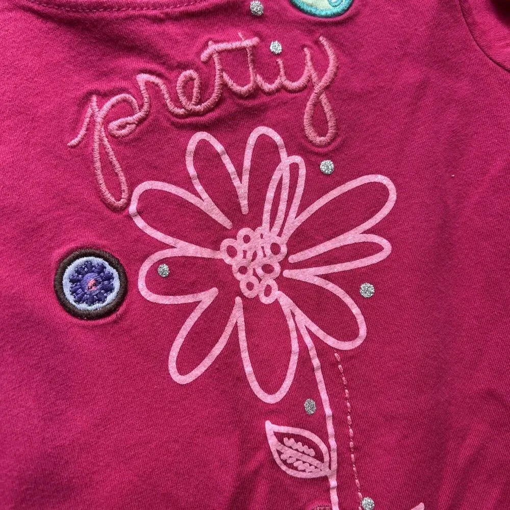 Vintage 2000 Y2K OshKosh Bgosh Girls Floral Graphic Glitter Shirt Pink Size 2T